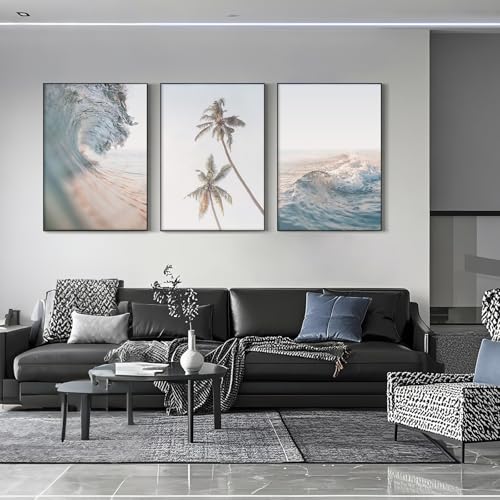 Joocrise Beach Wall Art Pictures Coastal Canvas Wall Decor Ocean Waves Poster Blue Beach Scene Artwork Palm Tree Art Coastal Landscape Prints for Living Room Bedroom 24x36 Inch Unframed Set of 3 - color: Waves Art Prints, size: 24x36 Inch Unframed