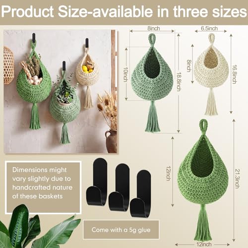 Honeydak Boho Decor Hanging Wall Baskets for Kitchen 3 Pack Teardrop Baskets with Hooks Storage Fruit Onion Vegetable Potato for Home 3 Sizes(Sage Color Palette,Tassel,Cotton Rope) - color: Sage Color Palette, size: Cotton Rope, style: Tassel