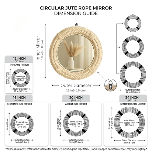 12" Inch Round Rustic Farmhouse Boho Shabby Chic Wall Hanging Mirror with Natural Jute Rope Decor Accent for Entryway, Bedroom, or Living Room (Color 4) - color: Color 4