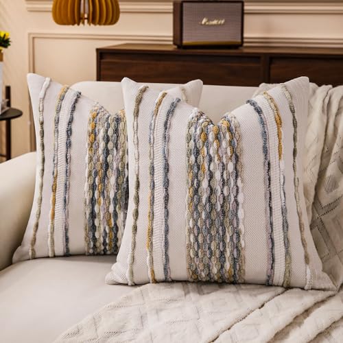 Boho Striped Throw Pillow Covers 18x18 Inch Set of 2 Farmhouse Square Decorative Pillow Covers Chenille Tufted Accent Neutral Pillowcase Grey Blue Cushion Cover for Living Room Couch Sofa Bed - color: Grey Blue