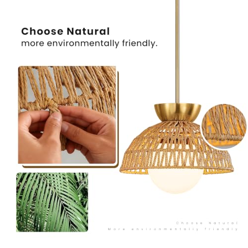 2 Pack Rattan Pendant Light, 11.8" Hand Woven Boho Pendant Light Fixture with Milk Glass Globe, Gold Kitchen Island light Fixtures Adjustable Chandelier for Dining Room Hallway Foyer Restaurant - color: Gold-2 Pack