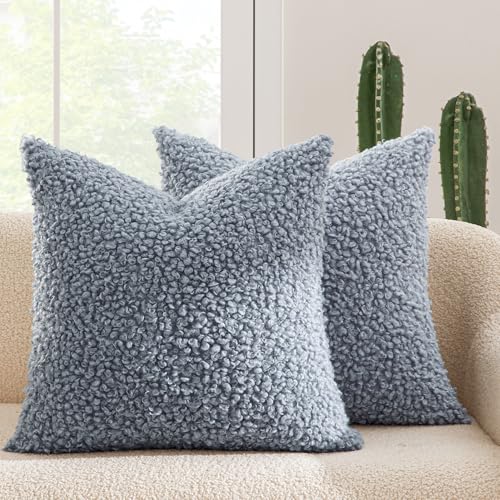 MIULEE Pack of 2 Dusty Blue Faux Fur Throw Pillow Covers 18x18 Inch Boucle Decorative Sherpa Pillow Covers Fuzzy Accent Soft Sheepskin Fleece for Boho Home Decor Sofa Living Room Couch Bed - color: Dusty Blue, size: 18" x 18" (Pack of 2)