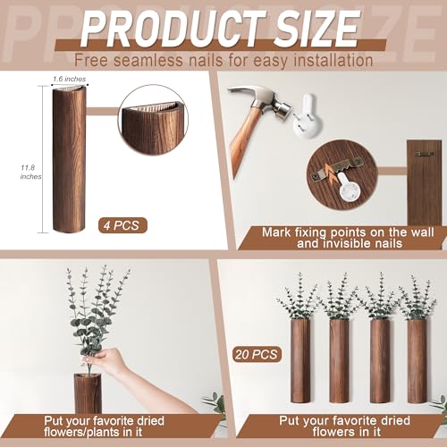Wood Wall Planter with 20 pcs Artificial Eucalyptus, Modern Decor for Living Room Bedroom Bathroom Entryway, Farmhouse Boho Wall Vases for Dried Flowers and Faux Plants - 4 Pack