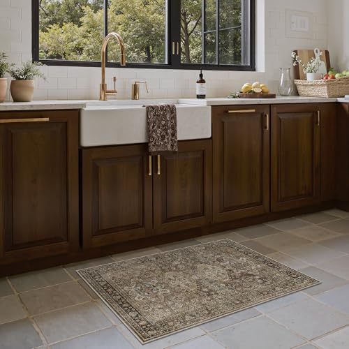 Bavni Washable Entry Rug 2x3, Machine Washable Non Slip Door Mat Rugs for Entryway Kitchen Bathroom Rug, Vintage Print Low Pile Small Indoor Carpet for Front Door Hallway Laundry Brown - color: Brown, size: 2' x 3' (Rectangular)