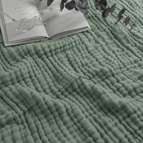 Comfy Cubs Muslin Throw Blanket - 50” x 60” Quilted Design - Lightweight, Breathable 6-Layer Gauze Fabric - Soft Cotton Blanket for Home or Travel - Packaged in Elegant Gift Box - Fern - color: Fern, size: Throw - 50" X 60"