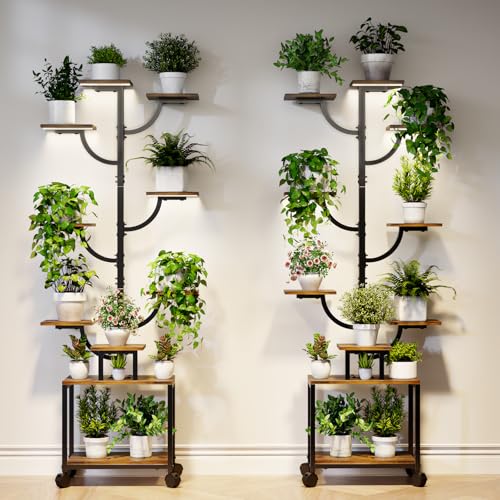 Plant Stand Indoor with Grow Lights - 9-Tier Plant Stand with Wheels, Tall Metal and Wood Indoor Plant Shelf with Tree Design, Rolling Flower Pot Holder Rack with Waterproof Finish, Adjustable Display Stand for Home Garden, Patio, 62" Tall - size: 62in