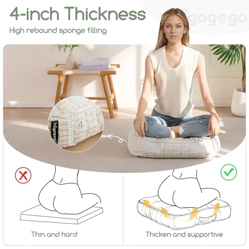 HIGOGOGO Floor Pillow Cushion for Adults, Meditation Cushion Pillow, Blended Corduroy Cover, Large Square Floor Sitting for Tatami Living Room or Yoga, 22x22 Inch, Beige - color: Square Beige, size: 4" Thick(Pack of 1)