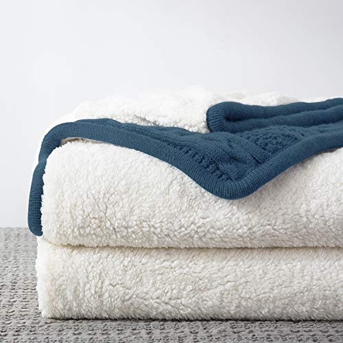 Longhui bedding Acrylic Cable Knit Sherpa Throw Blanket - Thick, Soft, Big, Cozy Grey Blue Knitted Fleece Blankets for Couch, Sofa, Bed - Large 50 x 63 Inches Gray Blue Coverlet All Season - color: Grey Blue, size: 50" x 63", Standard
