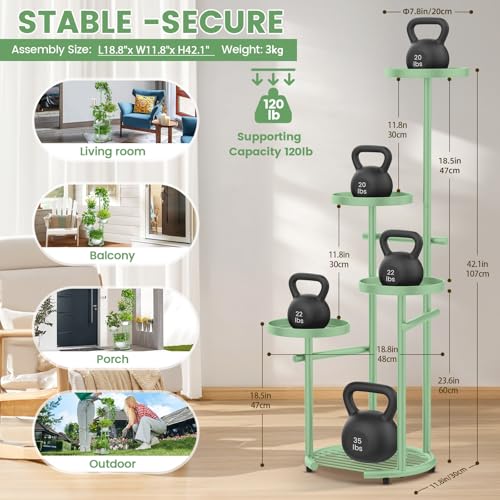 TOSKING 5 Tier Metal Plant Stand Indoor，Anti-Tip Round Base for Pots, Child & Pet Friendly,Plant Shelf, Corner Shelf Flower Pot Stand for Outdoor Plant Stand for Living Room Balcony Garden Patio Bedroom (Sage Green, 42in) - color: Sage Green, size: 5tier
