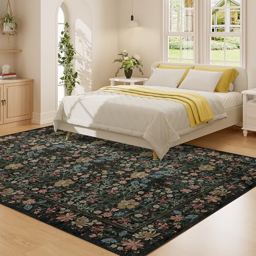 DUKINO 6x9 Rugs for Living Room, Vintage Washable Rug with Non Slip Backing, Floral Low Pile & Non-Shedding Large Area Carpets for Bedroom, Dining Room, Farmhouse, Home Office, Black - color: Black, size: 6' x 9' (Rectangular)