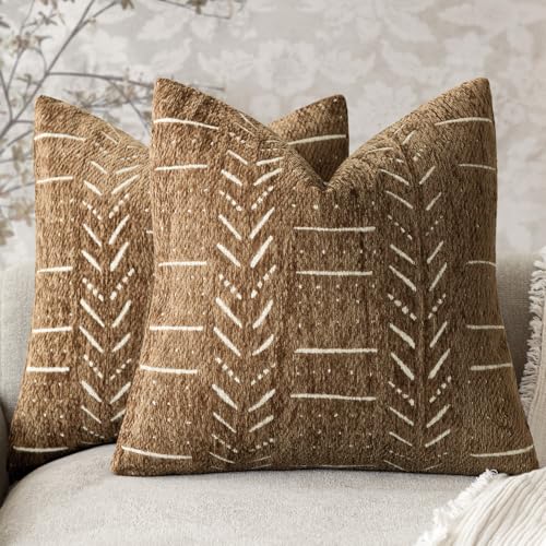 Home Décor Decorative Boho Accent Chenille Throw Pillow Covers, Textured Neutral Cushion Covers, Soft Farmhouse Pillowcase for Couch Sofa Bed Living Room, 18×18 Inch, Set of 2, Brown Orange - color: Lion, size: 18" x 18" (Pack of 2)