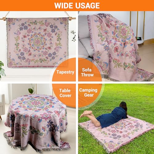 Mandala Flower Boho Throw Blanket for Couch Bed Chair Lounge Hippie Room Decor Reversible Cotton Woven Whimsical Throw Blanket Witchy Room Decor Throws Bed Spread Outdoor Camping Blanket 51x59 Inches - color: Woven Floral