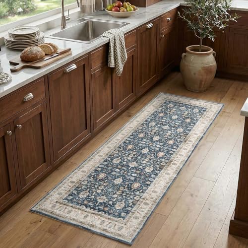 jinchan 2x6 Washable Vintage Runner Rug, Distressed Traditional Floral Kitchen Runner, Soft Low-Pile Non-Slip Floor Mat High-Traffic Aisle Hallway Rug for Entryway Laundry Room Bathroom, Blue - color: Oriental Beige on Dark Blue, size: 2' x 6' (Runner)