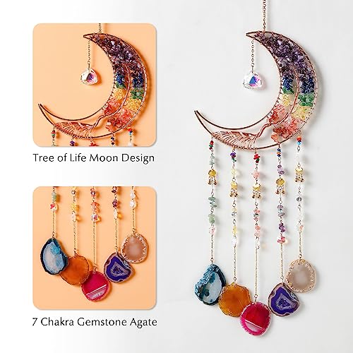 Agate Gemstone Dream Catcher 7 Chakra Tree of Life Dream Catcher with Rainbow Crystal Stones Handmade Dreamcatcher Wall Decor for Adults Boys Girls,Bedroom,Wedding,Garden,Bless Gift(Rainbow Moon) - color: Rainbow Moon Agate