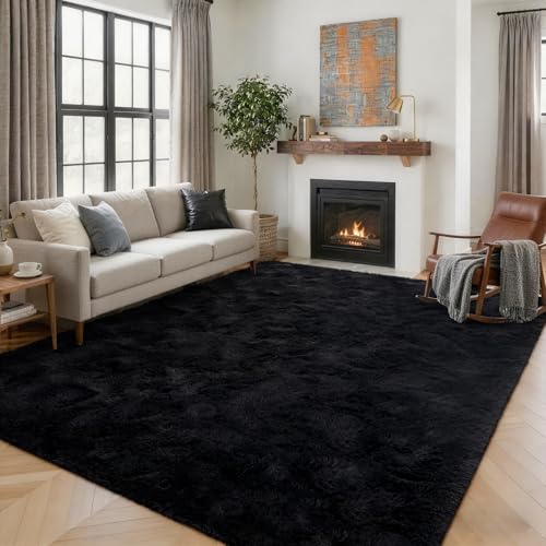 8x10ft Black Fuzzy Plush Living Room Rugs,Large Soft Fluffy Bedroom Area Rugs Non-Slip Shaggy Carpet for Nursery Kids PlayRoom Dorm Office Indoor Modern Carpets - color: A-black, size: 8' X 10' (Rectangular)