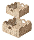 Scalloped Basket 2 Pack Wicker & Rattan Storage with Built-in Handles, Decorative Woven Seagrass Basket for Nursery & Bathroom Organization