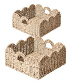 Scalloped Basket 2 Pack Wicker & Rattan Storage with Built-in Handles, Decorative Woven Seagrass Basket for Nursery & Bathroom Organization
