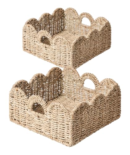 Scalloped Basket 2 Pack Wicker & Rattan Storage with Built-in Handles, Decorative Woven Seagrass Basket for Nursery & Bathroom Organization
