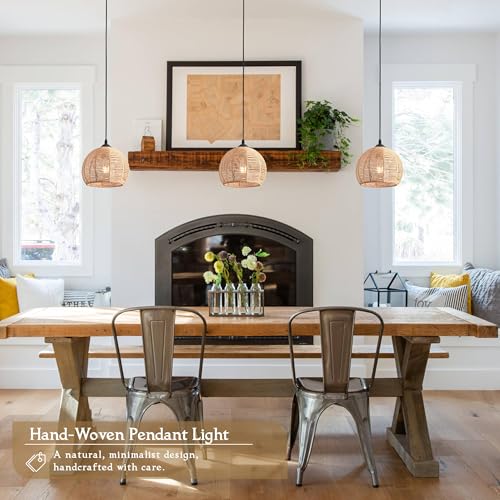 3 Pack Wicker Pendant Light Natural Woven Pendant Light Boho Chandelier Light Fixture Dome Rustic Farmhouse Pendant Lights Rattan Light Fixture for Dining Room Kitchen Island (Bulb Incl.) - color: 8.7" Natural 3-Pack