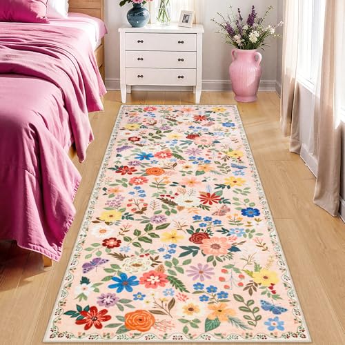 Runner Rug for Entryway: 2x6 Kitchen Rugs Non Slip Washable Ultra-Thin Soft Floral Carpet Indoor Floor Stain Resistant Carpets for Hallway Bedroom Kitchen Laundry Bathroom Dorm Beige - color: Beige, size: 2' x 6' (Runner)