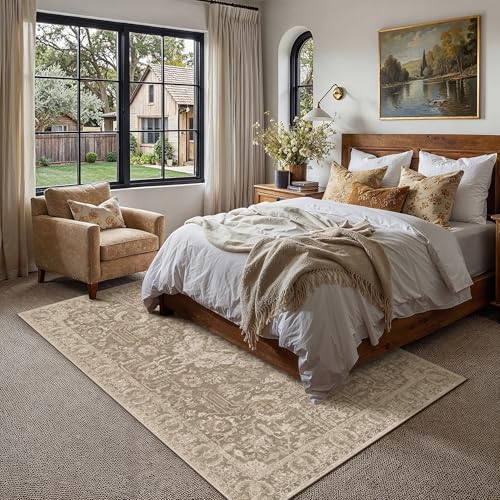 HUGEAR 5x7 Area Rug Taupe Machine Washable Rug Room Decor Distressed Vintage Living Room Rugs Low Pile Non Slip Soft Carpet for Bedroom Office Dining Room Soft Lightweight - color: C| Taupe, size: 5' x 7' (Rectangular)