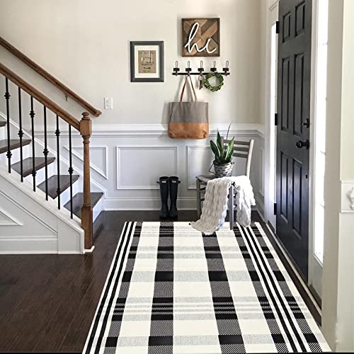 CAINANEL Buffalo Plaid Outdoor Rug Black and White Check Rug 35.4'' x 59'' Cotton Hand-Woven Checkered Front Welcome Door Mat Indoor/Outdoor Area Rug for Front Porch,Kitchen,Entry Way,Living Room - color: Black&white Plaid, size: 3' x 5' (Rectangular)