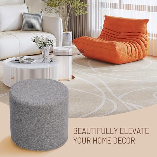 Grey Round Ottoman Foot Rest Stool – Modern Boucle Fabric Footstool with Soft Foam Filling, Lightweight Pouf for Living Room, Bedroom, Home Office – Neutral Grey - color: Grey