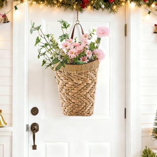 Handwoven Front Door Basket Water Hyacinth Wall Hanging Basket Decorative Boho Mounted Organizer for Dried Flower Plants Storage Basket for Garden, Home, and Farmhouse Décor - color: Mix
