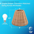KASTLITE Woven Rattan Chandelier Lamp Shades - Empire Clip On Ceiling Light Cover - Boho Lampshades for Small Table & Sconce Fixtures - 3" Top x 6" Bottom x 5.25" Slant, Natural Brown Wicker, Set of 6