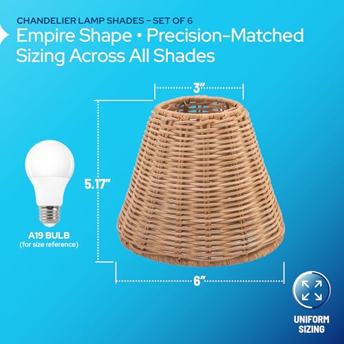 KASTLITE Woven Rattan Chandelier Lamp Shades - Empire Clip On Ceiling Light Cover - Boho Lampshades for Small Table & Sconce Fixtures - 3" Top x 6" Bottom x 5.25" Slant, Natural Brown Wicker, Set of 6