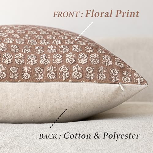 Foindtower Set of 2 Decorative Neutral Floral Print Throw Pillow Covers Vintage Farmhouse Cushion Covers Boho Home Decor for Sofa Chair Couch Bedroom Living Room,18×18 Inch,Light Orange Brown - color: Almond, size: 18" x 18" (Pack of 2)