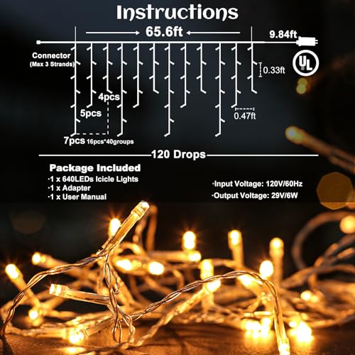 66ft Icicle Lights for Outside - 640 LED Christmas Lights Outdoor with 120 Drops 8 Modes, Plug in Twinkle Light Outside for Holiday Wedding Party Tree Room Indoor Thanksgiving Decoration, Warm White - color: Warm White, size: 640LED/66ft