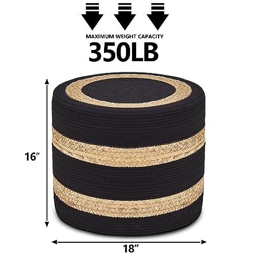 Wimarsbon 18'' Ottoman Pouf, Natural Braided Poof, Rustic Handweave Lounge Pouffe, Boho Footrest Stool for Bedroom, Accent Table or Seat for Living Room (Natural Water Hyacinth + Black Cotton Rope) - color: 18inch Natural Water Hyacinth + Black Cotton Rop