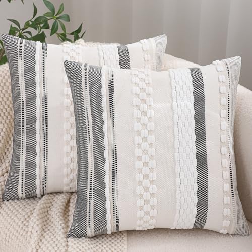 Chenille Throw Pillow Covers 18x18 Set of 2 Boho Tufted Pillow Covers Striped Decorative Pillow Cases Accent Pillowcases Farmhouse Cushion Case for Home Decor,White - color: White Stripe, size: 18" x 18" (Pack of 2)
