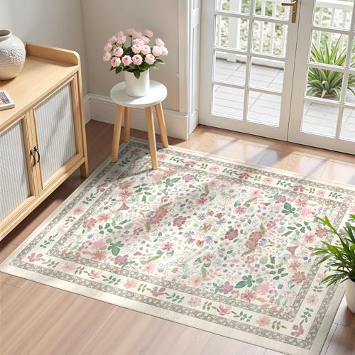 Deerly Floral Rugs for Entryway 2x3 Washable Small Vintage Boho Bathroom Door Mat Non-Slip Soft Low Pile Thin Indoor Carpet for Kitchen Entrance Farmhouse Throw Rug, Beige/Light Pink/Multi - color: Beige/Light Pink/Multi, size: 2' x 3' (Rectangular)