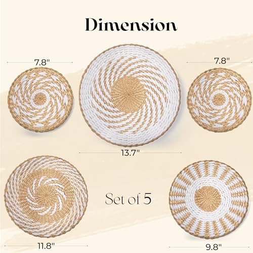 Crafts Central Boho Wall Basket Decor with Included Wall Hooks – Rattan Hand Crafted Wall Art - Bohemian Rustic Home Décor for Kitchen, Living Room, and Bedroom - Set of 5 Woven Baskets