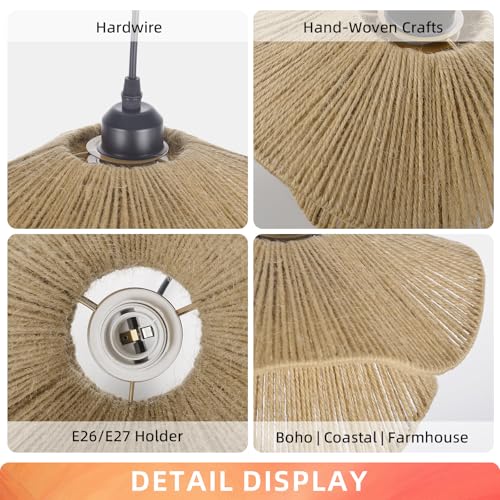 Arturesthome Mini Boho Pendant Light,Woven Twine Chandelier Coastal Hanging Lighting,Adjustable Height Farmhouse Lampshade for Living Room Bedroom Hardwire - size: 11.8"*6.3"