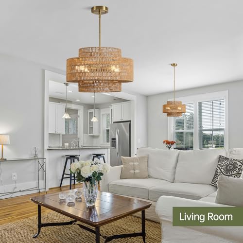 4-Light Boho Rattan Chandelier Light Fixture, 17.7” Hand Woven Rustic Chandeliers Farmhouse Chandelier Hanging Light for Dining Room Kitchen Island, Living Room, Foyer - color: Brown, size: 17.7" 4-Light