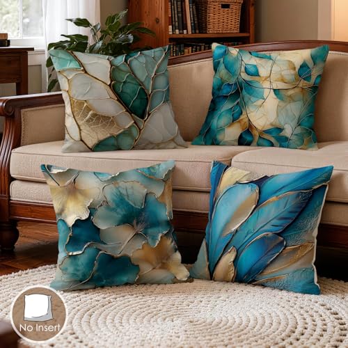 OBSEDE Teal and Gold Leaf Decorative Throw Pillow Covers 18x18 Set of 4, Modern Abstract Botanical Pillow Cases for Sofa Living Room Decor - color: Teal Abstract Foliage Art, size: 18" x 18" (Pack of 4)