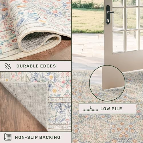 Hazo Haus Beige Blue Round Nursery Rug 5ft - Pastel Circular 5x5 Rug for Kids Room, Living Room, Bedroom, Playroom, Home Office, Washable Non Slip Cozy French Country Style Aesthetic Room Decor - color: Beige Blue, size: 5' (Round)