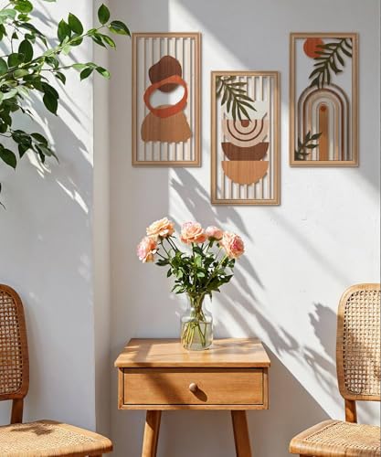 Putuo Decor Boho Wall Art Set of 3, Modern Minimalist Wooden Wall Decor, Abstract Aesthetic Room Decorations, Mid-Century Modern Artwork for Living Room, Bedroom, Office Orange 16.5 x 8.6 inch - color: Orange