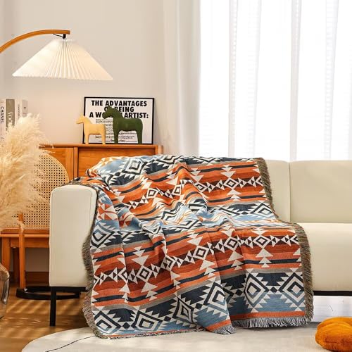 CLOTHKNOW Aztec Boho Throw Blanket (63''x 86'') Southwestern Bed Throws Reversible Blue Brown Blankets for Couch Chair Sofa Home Outdoor Beach Tent Travel Camping - color: Blue Brwon, size: 63''x 86''