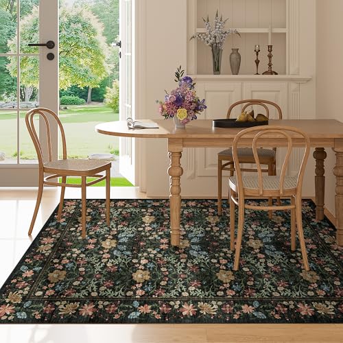DUKINO 3x5 Area Rug, Vintage Floral Washable Rug for Bedroom with Non Slip Design, Soft Low Pile Indoor Small Carpet for Bedroom, Farmhouse, Living Room, Office, Bathroom, Black - color: Black, size: 3' x 5' (Rectangular)