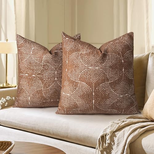 AELS Boho Decorative Textured Throw Pillow Covers 24x24, Modern Mid Century Rainbow Tufted Pillow Case, Farmhouse Rustic Geometric Woven Cushion Case for Bed Couch Sofa, Burnt Orange - color: Burnt Orange, size: 24" x 24" (Pack of 2)
