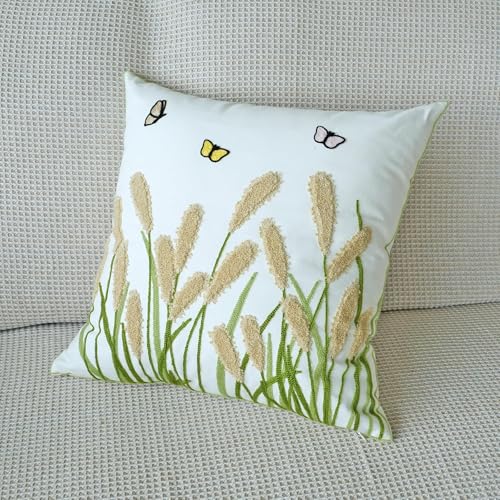 vctops Farmhouse Pampas Grass Cotton Tufted Throw Pillow Cover Boho Embroidery Pillowcase Soft Square Cushion Case for Sofa Couch Bed Chair (Khaki,18"x18") - color: Khaki