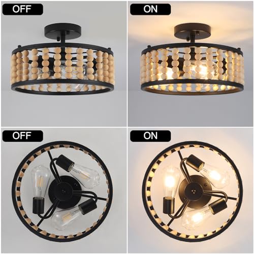 Luupyia Wood Bead Ceiling Light 3Lights, 12.79Inches Vintage Boho Ceiling Light Fixture Small Chandeliers Semi Flush Mount Mid Century Retro Overhead Lighting for Bedroom Foyer Hallway, E26