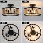 Luupyia Wood Bead Ceiling Light 3Lights, 12.79Inches Vintage Boho Ceiling Light Fixture Small Chandeliers Semi Flush Mount Mid Century Retro Overhead Lighting for Bedroom Foyer Hallway, E26
