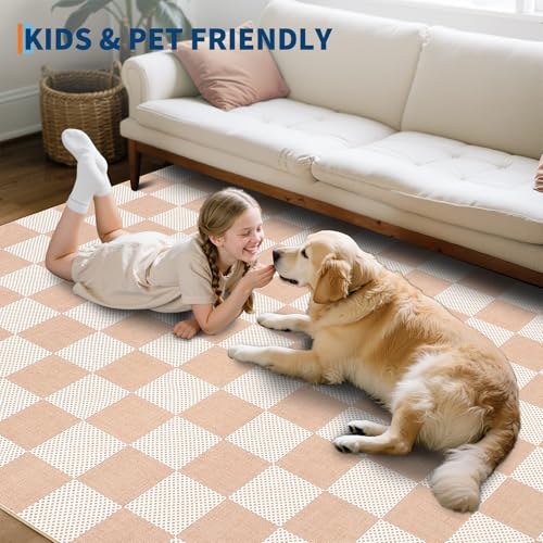 GarveeHome Checkered Blush Beige Neutral Nursery Kids Playroom 5x7 Washable Rug Colorful Geometric Modern Soft Low-Pile Stain Resistant Rug for Bedroom Living Room Entryway Non-Slip TPE Backing - color: Blush Beige, size: 5' x 7' (Rectangular)