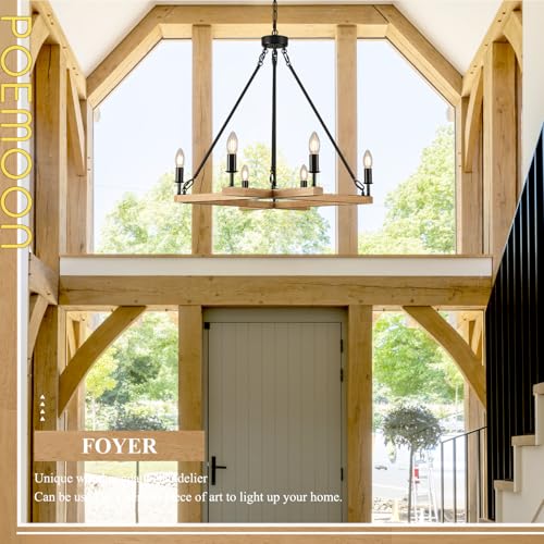 L45'' Natural Farmhouse Square Wood Chandeliers Rustic 6-Light Unique Rectangular Candle Chandelier Long Ceiling Pendant Light for High Ceiling Living Dining Room Foyer Kitchen Island,E12 - color: Natural, size: 45 inches