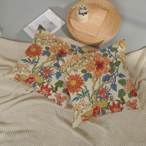 Chinoiserie Throw Pillow Covers 16x16 Inch 2 Pcs Orange Blue Floral Decor Pillow Covers Vintage Flower Spring Summer Outdoor Seasonal Decorative Pillowcase Linen Cushion Cover for Couch - color: Chinoiserie Orange Blue Floral, size: 16" x 16" (Pack of 2)